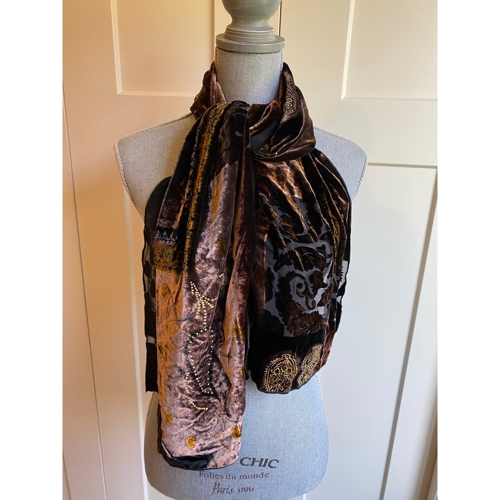 Italy Silk Velvet Burnout Scarf Neck Hair Purse Shoulder Accessories Brown Black
